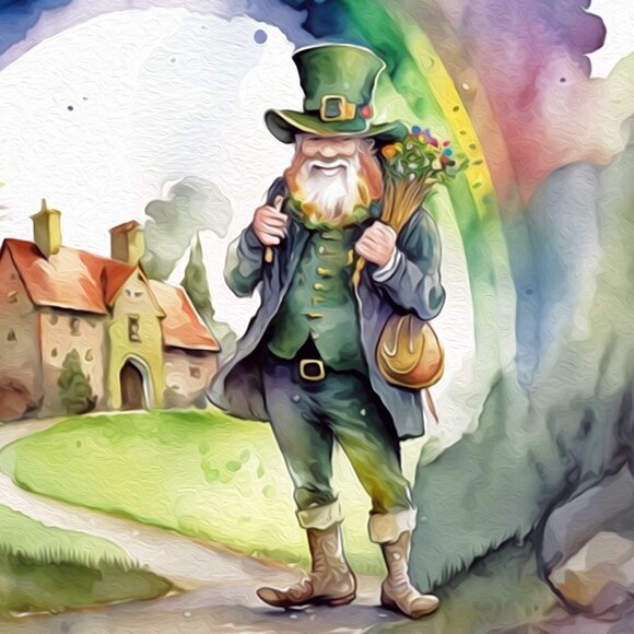 St. Patricks Day Leprechaun Rainbow Lucky Irish Watercolor Oil Painting Print - Picture 3 of 5